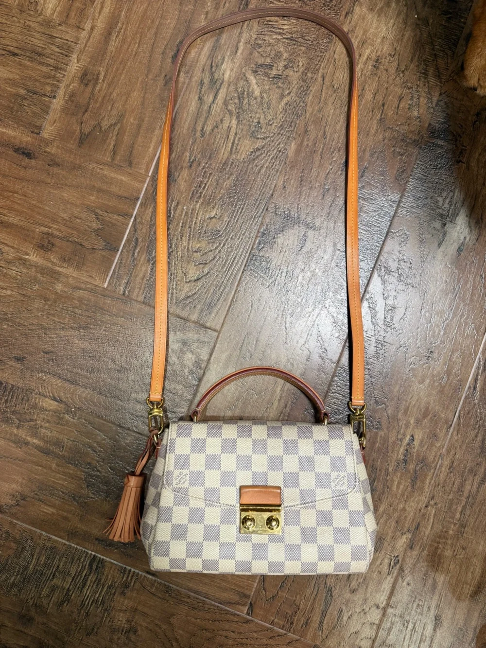 Authentic Louis Vuitton Cream Checkered Shoulder Bag with Brown Trim